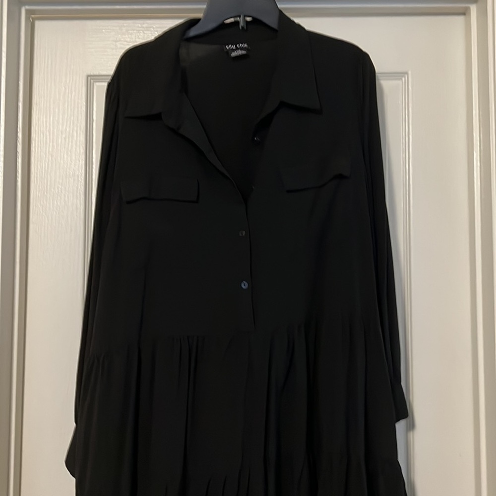 Black half button up/ tiered bottom long sleeve dress